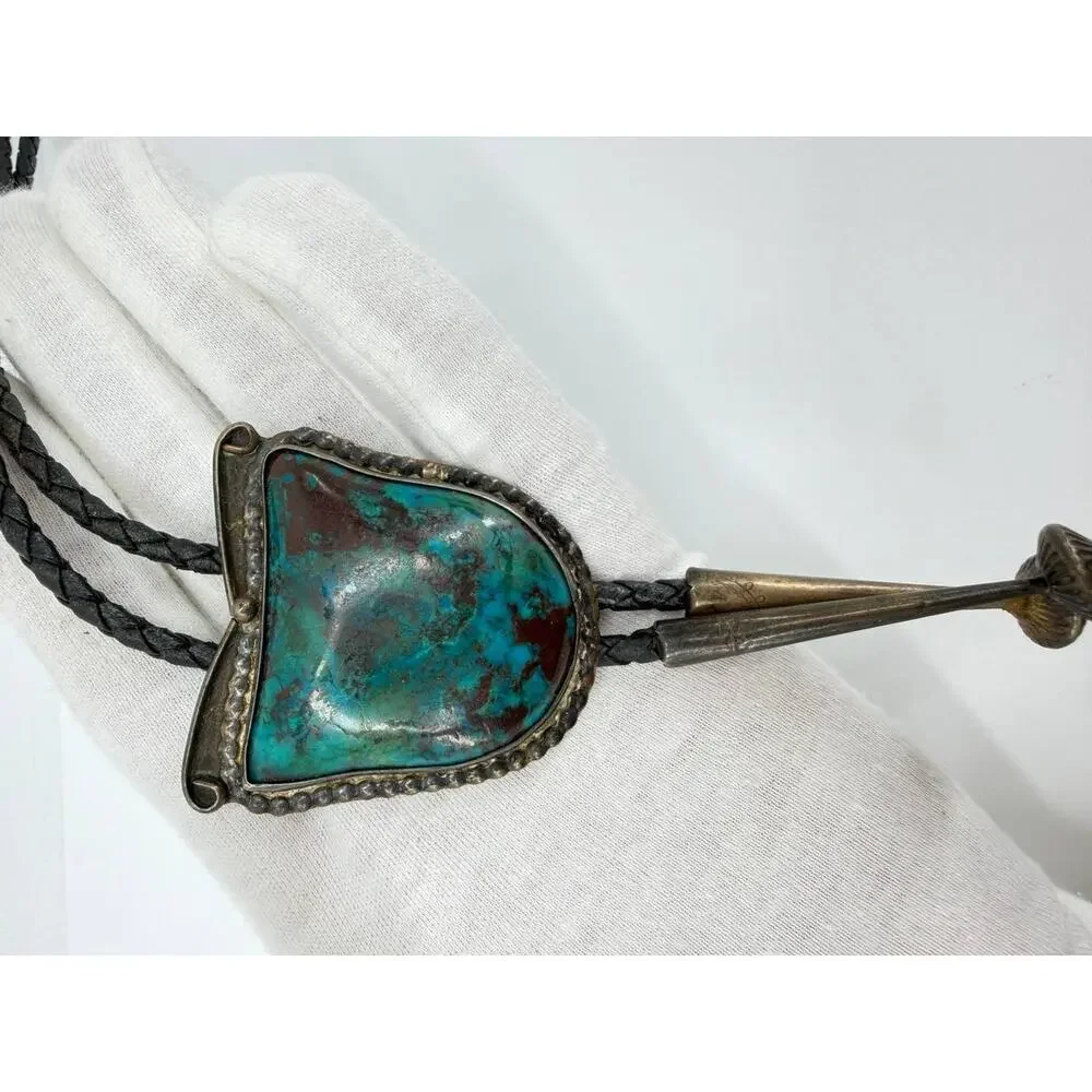 Vintage Sterling Silver Turquoise Bolo Tie Leather Cord Southwestern 59.2g
